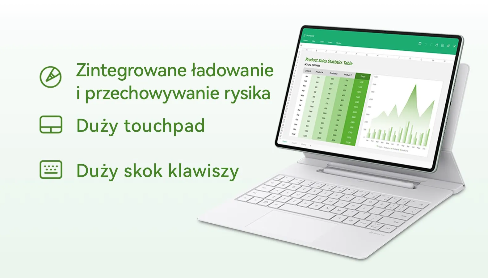 Tablet HUAWEI na klawiaturze z wyświetlonym arkuszem kalkulacyjnym i wykresem. Obok grafiki widnieją ikony i teksty: [ikona rysika] Zintegrowane ładowanie i przechowywanie rysika, [ikona touchpada] Duży touchpad, [ikona klawiatury] Duży skok klawiszy.