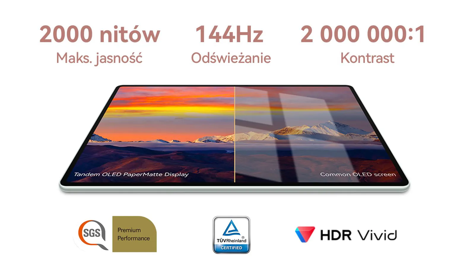 Tablet z ekranem OLED, porównanie Tandem OLED PaperMatte Display i Common OLED Screen. Tekst na grafice: 2000 nitów maks. jasność, 144 Hz odświeżanie, 2 000 000:1 kontrast. Na dole logotypy: SGS Premium Performance, TÜV Rheinland Low Blue Light, HDR Vivid.