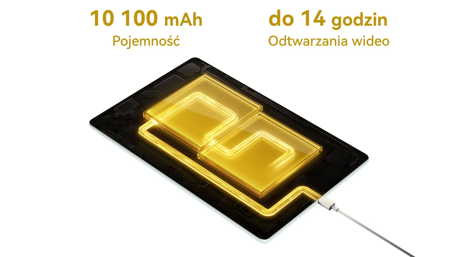 Tablet z wizualizacją baterii w kolorze złotym. Tekst na grafice: 10 100 mAh pojemność, do 14 godzin odtwarzania wideo.
