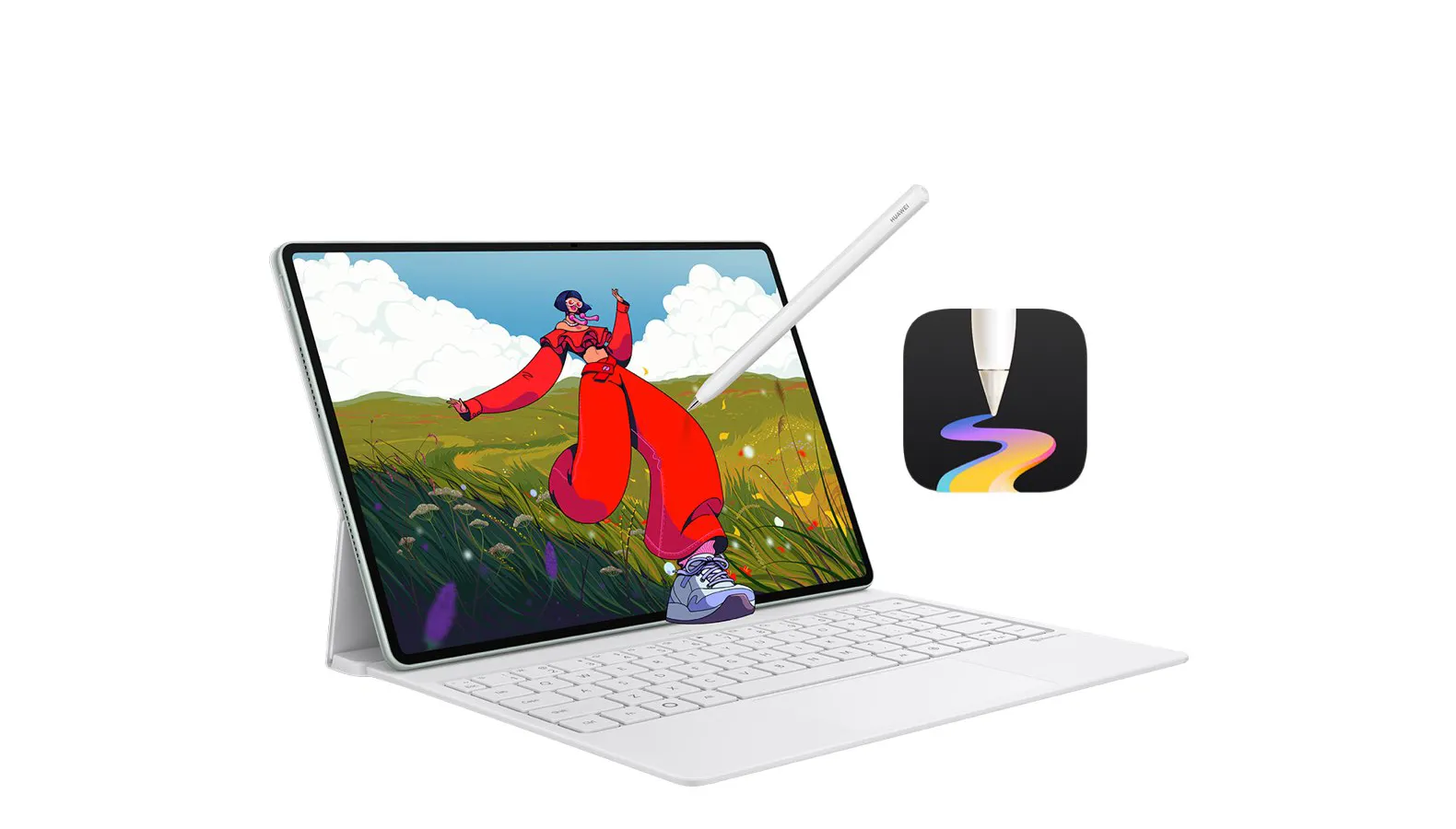 Tablet HUAWEI MatePad na klawiaturze z rysikiem, na ekranie ilustracja kolorowej postaci na tle zielonego pola. Obok ikona aplikacji do rysowania.