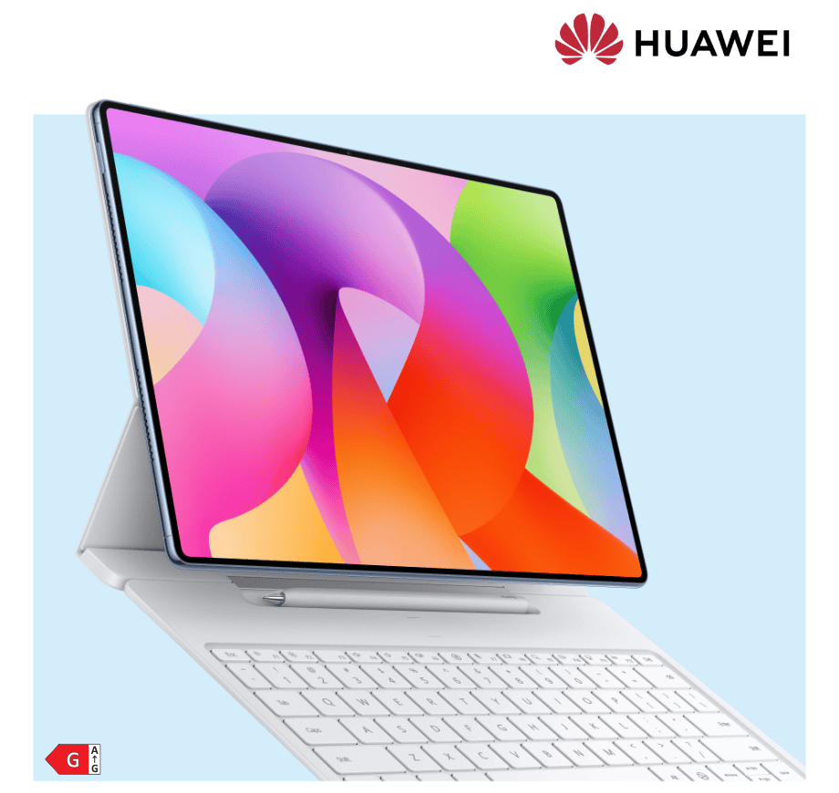 Rozłożony tablet HUAWEI MatePad Pro Max z białymi: klawiaturą i rysikiem M-Pencil Pro. Efektywnośc energetyczna klasy G