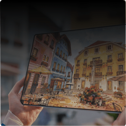 Tablet HUAWEI MatePad Pro Max, trzymany w dłoniach. Ekran wyświetla pastelowy obraz miejskiego placu i kamienic.