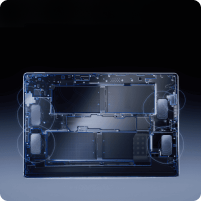 Widok wnętrza tabletu HUAWEI MatePad Pro Max z komponentami elektronicznymi. Okręgi oznaczają 6 głośników.
