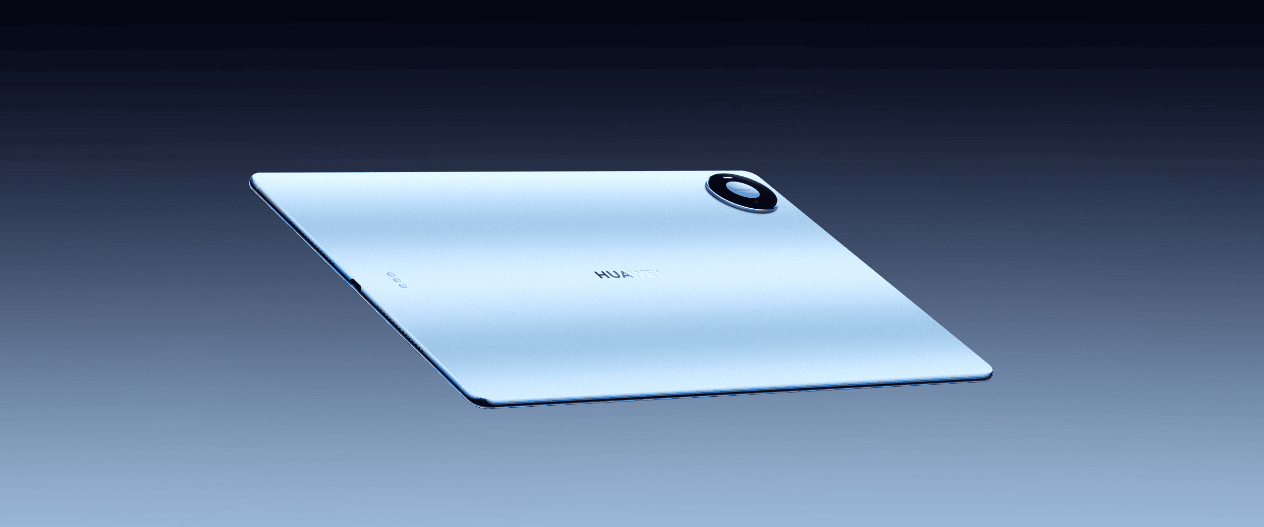 Tylna ściana niebieskiego tabletu HUAWEI MatePad Pro Max z widocznym obiektywem aparatu fotograficznego.