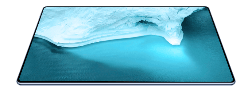Ekran tabletu HUAWEI MatePad Pro Max, z widoczną dolną, niebieską krawędzią, wyświetla górę lodową oblaną turkusowym oceanem