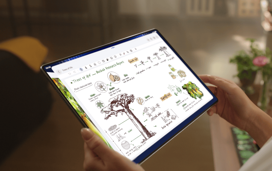 Trzymany w dłoniach ekran tabletu HUAWEI MatePad Pro Max wyświetla grafiki botaniczne drzewa, owoców i cyklu wzrostu.