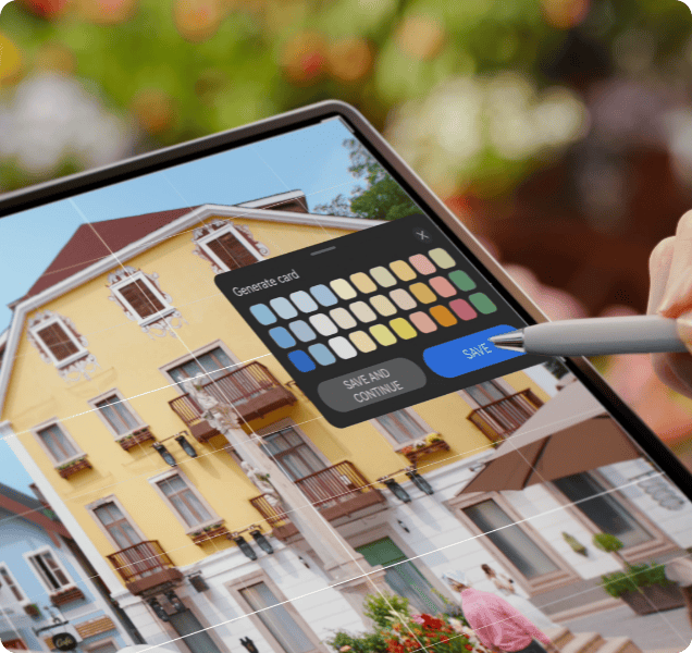 Na ekranie tabletu HUAWEI MatePad Pro Max ilustracja domu oraz paleta kolorów do wyboru, Obok dłoń z rysikiem M-Pencil Pro.