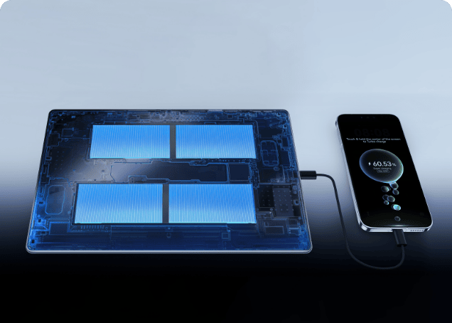Grafika elektronicznej warstwy tabletu HUAWEI MatePad Pro Max, do którego przewodem podłączony jest ładujący się smartfon.