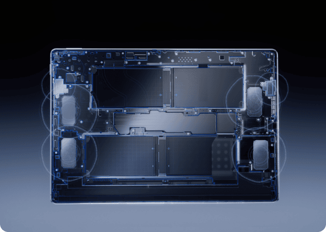 Grafika płyty elektronicznej tabletu HUAWEI MatePad Pro Max. Sześć okręgów oznacza głośniki urządzenia.