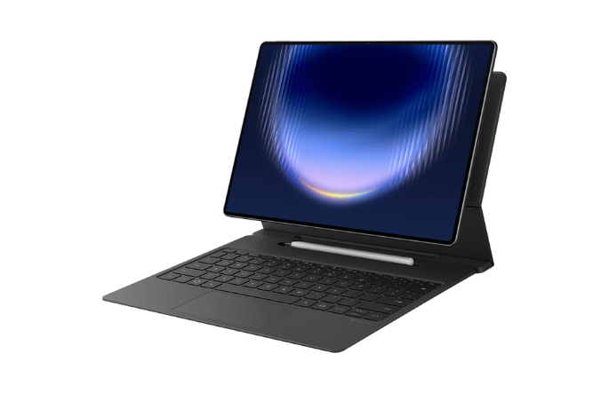 Rozłożony tablet HUAWEI MatePad Pro Max wraz z klawiaturą w kolorze szarym i rysikiem M-Pencil Pro. Na ekranie grafika sfery