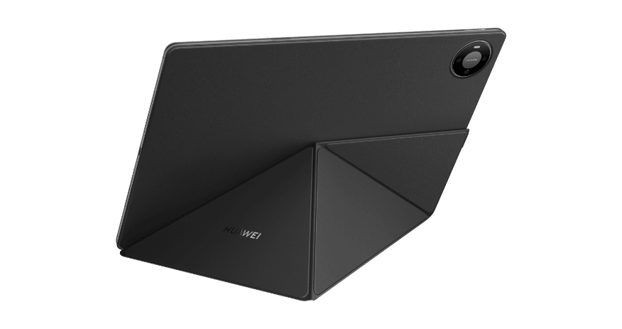 Tablet HUAWEI MatePad Pro Max w szarej obudowie HUAWEI Folio Cover utrzymującej go w pozycji pionowej.