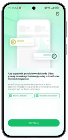 Ekran smartfona wyświetla planszę instalowania aplikacji i logo programu „microG