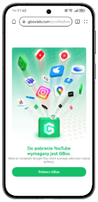 Ekran smartfona wyświetla plansze pobierania aplikacji GBox, oraz ikony różnych popularnych aplikacji społecznościowych