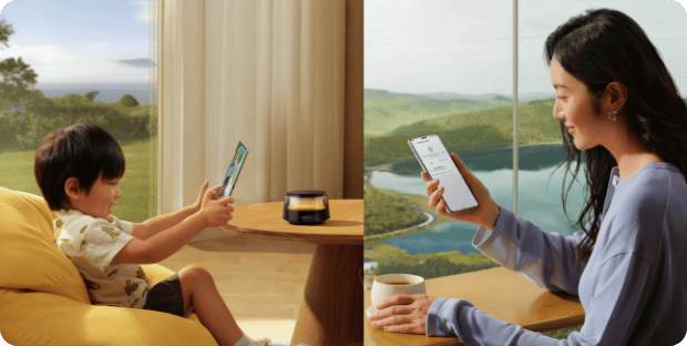 Po lewej dziecko i wzmacniacz sygnału routera HUAWEI Mesh X3 Pro, po prawej młoda azjatka z telefonem w ręku