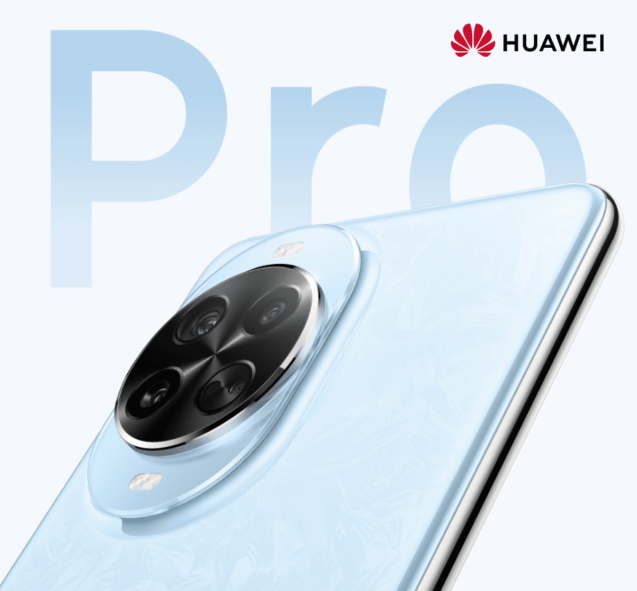 Fragment tylnej części smartfona HUAWEI Nova 14 Pro w kolorze niebieskim z wieloobiektywowym aparatem fotograficznym.