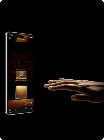 Na czarnym tle smartfon Huawei Nova 14 Pro z uruchomionym ekranem i zbliżająca się do niego dłoń