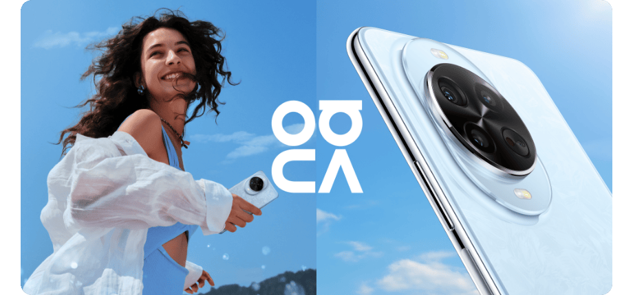 Młoda kobieta w ruchu i w niebieskiej sukience trzyma w dłoni smartfon Huawei Nova 14 Pro, obok zbliżenie na obiektyw aparatu