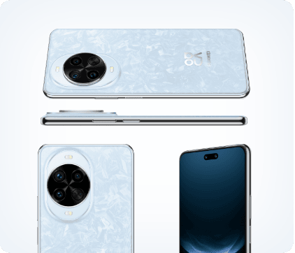 Niebieski smartfon Huawei Nova 14 Pro w rzutach: od tyłu, z boku w zbliżeniu na wieloobiektywowy aparat oraz ekran urządzenia