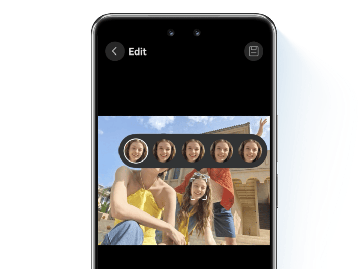 Ekran smartfona Huawei Nova 14 pro wyświetla aplikację fotograficzną ze zdjęciem i paskiem wyboru twarzy do zdjęcia