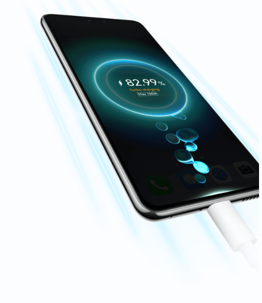 Podłączony do przewody smartfon Huawei Nova 14 pro. Na ekranie czarno-niebieskie bąbelki i duży bąbel z indeksem 82,99%