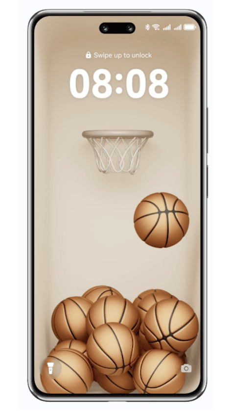 Ekrany smartfona Huawei Nova 14 pro. z grafiką piłek do koszykówki i obręczy