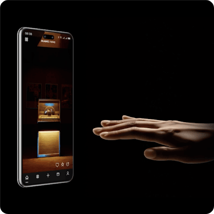 Na czarnym tle, dłoń skierowana w kierunku ekranu smartfona Huawei Nova 14 pro, wyświetlającego menu obsługi i dwie grafiki