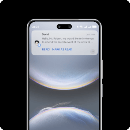 Ekran smartfona Huawei Nova 14 pro wyświetla planszę wiadomości tekstowej pod nią grafika tapety ekranu urządzenia