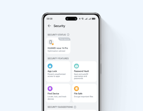 Ekran smartfona Huawei Nova 14 pro wyświetla funkcje dotyczące bezpieczeństwa. W rogu ikona dotycząca bezpieczeństwa