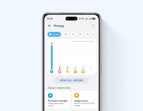 Ekran smartfona Huawei Nova 14 pro wyświetla funkcje dotyczące zachowania prywatności. W rogu ikona dotycząca prywatności