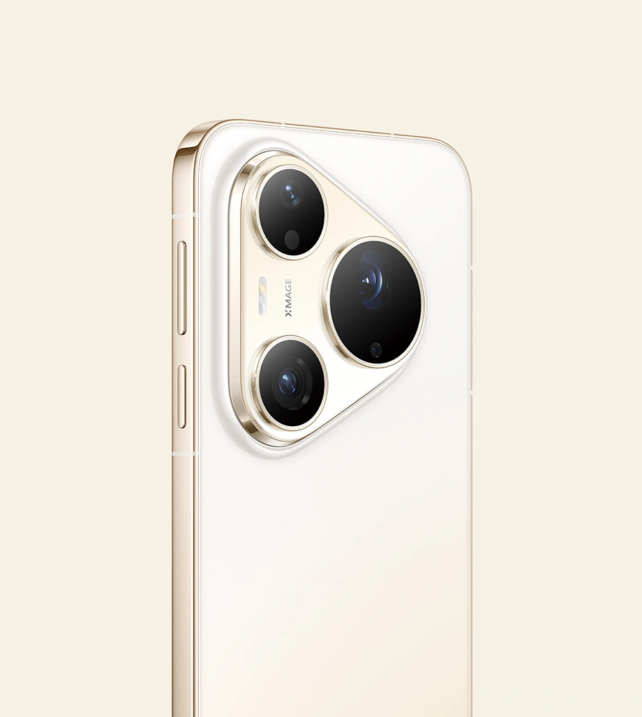 Biały smartfon HUAWEI Pure 90s Series z masywnym, trójobiektywowym aparatem fotograficznym.