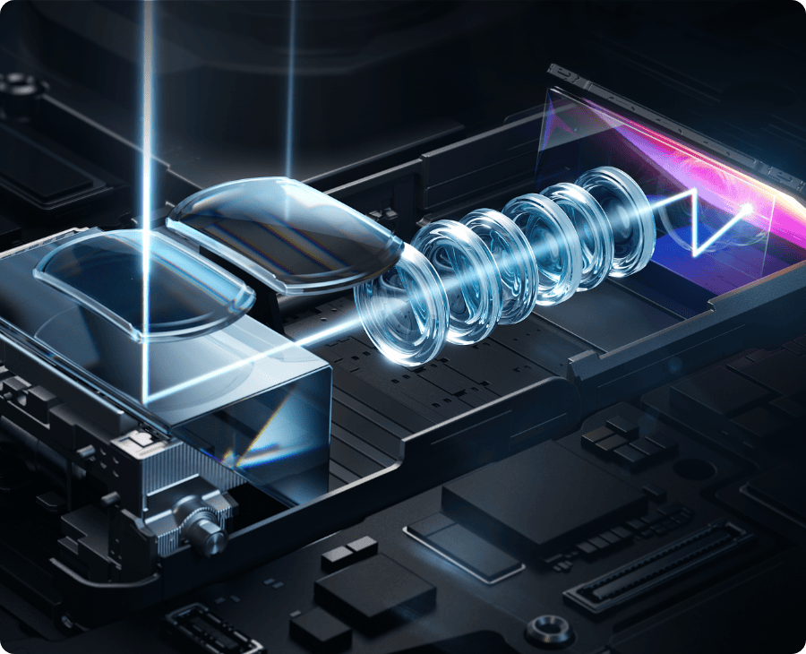 Elementy elektroniczne aparatu fotograficznego rozłożone na części. Przez obiektyw i zespół soczewek przebiega struga światła.
