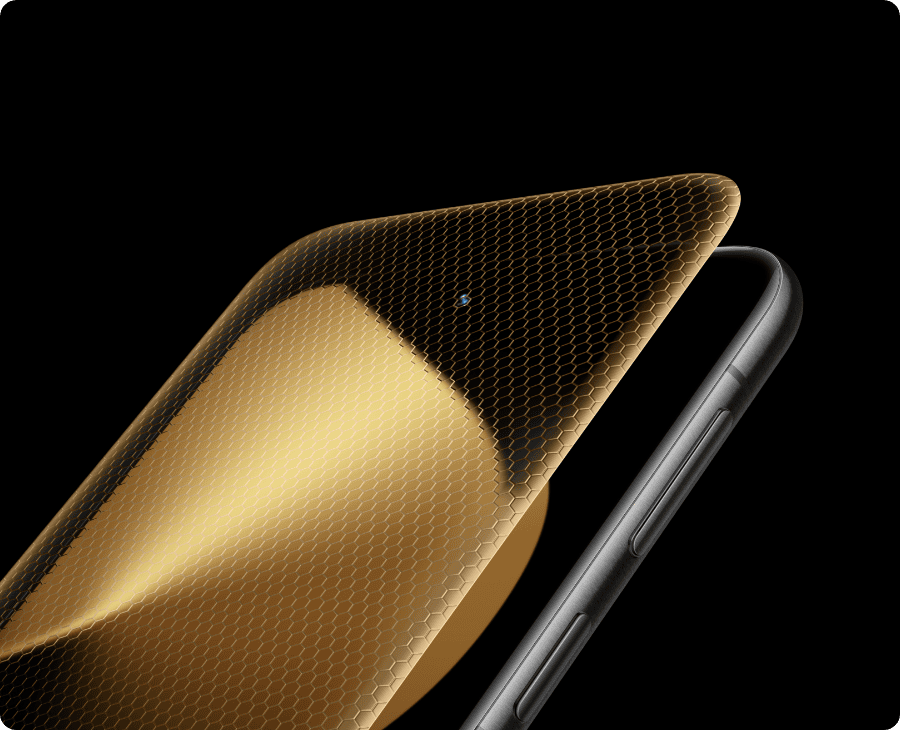 Smartfon HUAWEI Pura 80 Ultra na ciemny ekranem złota tafla szkła z wzorem plastra miodu