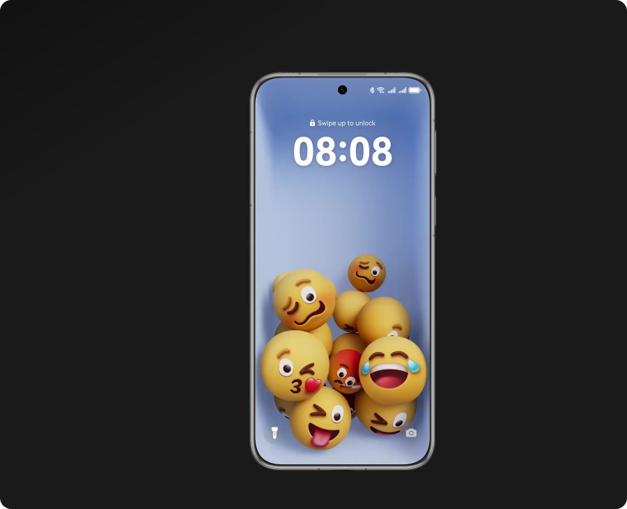 Ekran smartfona, na jego niebieskim tle, grupa różnych emotikonów