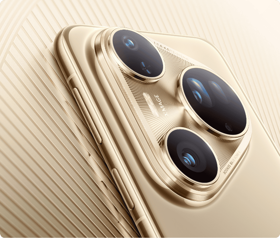 Trójobiektywowy moduł aparatu fotograficznego z ryflowanymi zdobieniami złotego smartfona HUAWEI Pura 80 Ultra, na złotym tle