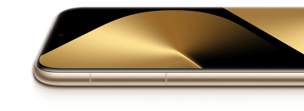 Leżący na plecach złoty smartfon HUAWEI Pure 80 Ultra, na ciemnym ekranie, złote faliste wzory