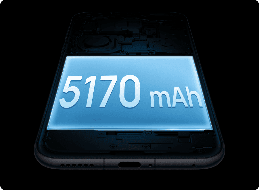 Tył czarnego smartfona HUAWEI Pure 80 Ultra, bez obudowy, na nim niebieski prostokąt z napisem 5170 mAh
