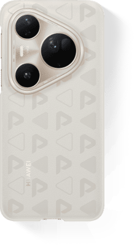Tył złotego smartfona HUAWEI Pure 80 Pro w białym etui z trójkątnymi wzorami