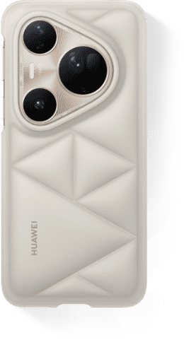 Tył złotego smartfona HUAWEI Pure 80 Pro w białym, strukturalnym etui