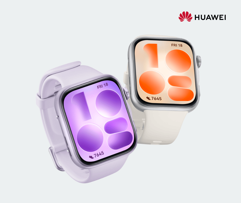 Dwa zegarki Huawei Watch Fit 5 z fioletowym i białym paskiem i srebrnymi kopertami obok siebie. W rogu logo Huawei.