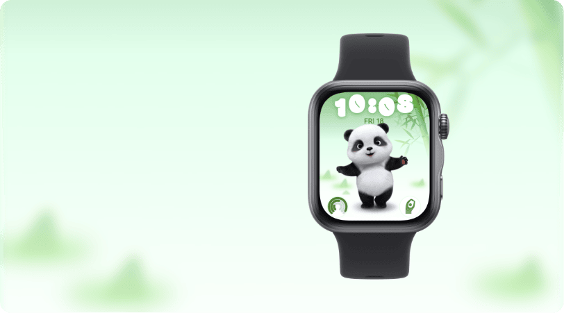 Ekran zegarka Huawei Watch Fit 5 z czarną kopertą i paskiem wyświetla, a zielonym tle, grafikę pandy z otwartymi ramionami