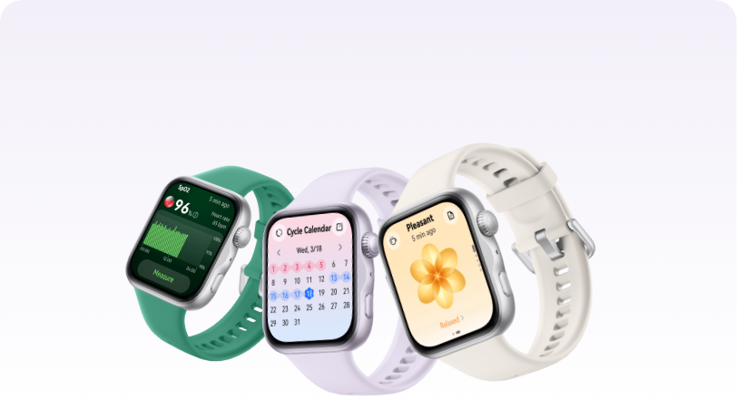 Trzy zegarki Huawei Watch Fit 5 obok siebie: z zielonym, fioletowym i białym paskiem. Na ekranach kolorowe grafiki