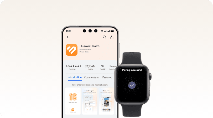 Czarny zegarek Huawei Watch Fit 5 na ekranie ikona „zrobione”. W tle, na ekranie smartfona, logo aplikacji Huawei Zdrowie
