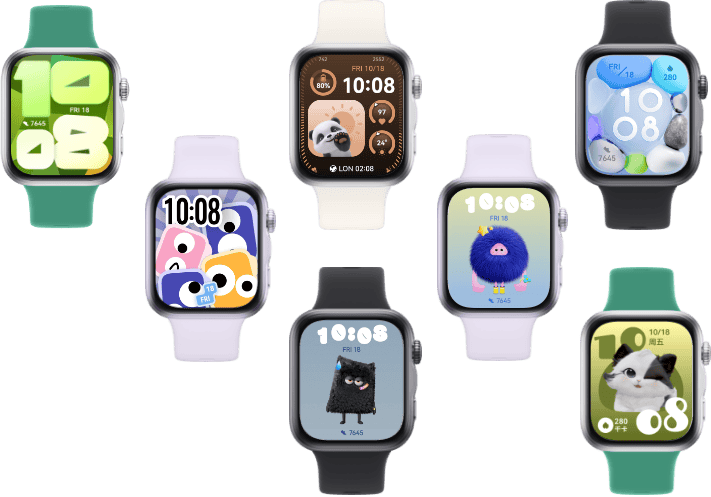 7 zegarków Huawei Watch Fit 5 w różnych kolorach, na ich ekranach wiele różnych, kolorowych tapet ze wskazaniem godziny.