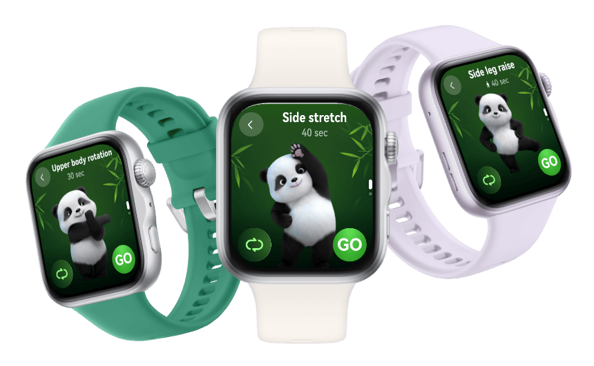 3 zegarki Huawei Watch Fit 5 wyświetlają na ekranach, na zielonym tle grafikę pandy w różnych ćwiczeniowych pozach.