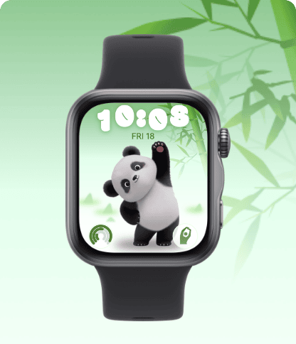 Na ekranie czarnego zegarka Huawei Watch Fit 5 grafika pandy z wyciągniętą w górę jedną łapą w pozycji rozciągania ciała.