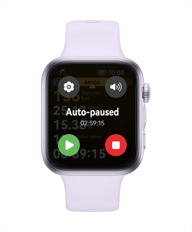 Zegarek Huawei Watch Fit 5 na białym pasku. Ekran wyświetla cztery ikony: stop, odtwórz, głośnik i ustawienia