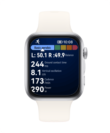 Ekran zegarka Huawei Watch Fit 5 z białym paskiem, wyświetla kolorowy wykres paskowy i dane liczbowe. W rogu ikona biegacza