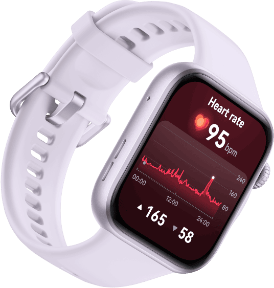 Ekran zegarka Huawei Watch Fit 5 z fioletowym paskiem wyświetla czerwony wykres liniowy i dane liczbowe, nad nim ikona serca