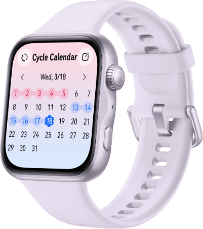 Zegarek Huawei Watch Fit 5 z fioletowym paskiem. Ekran wyświetla kalendarz menstruacyjny na pastelowym, różowo-niebieskim tle