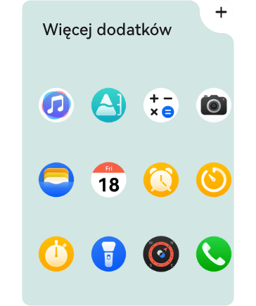 12 różnych, prostych ikon oznaczających różne funkcjonalności, m. in. kalkulator, aparat czy budzik